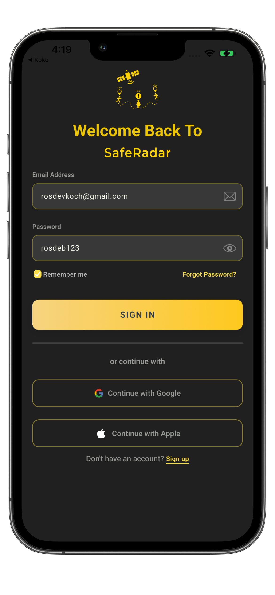 SafeRadar welcome screen